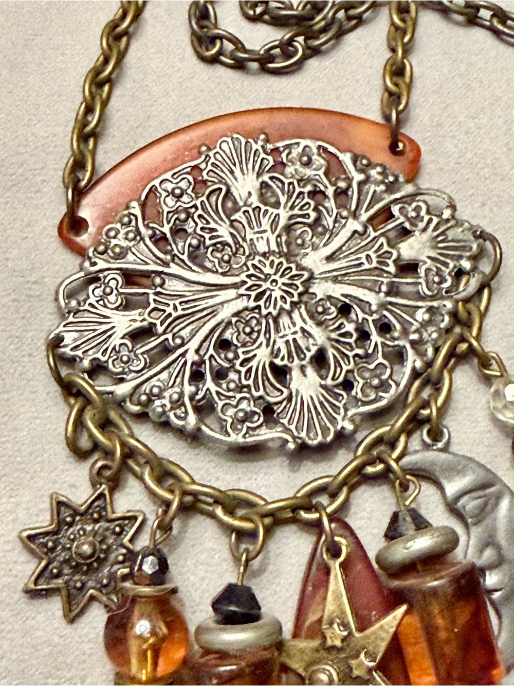 Steampunk Lucite Mixed Metals Celestial Pendant Statement Necklace